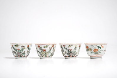 Four Chinese famille verte cups and saucers, Kangxi